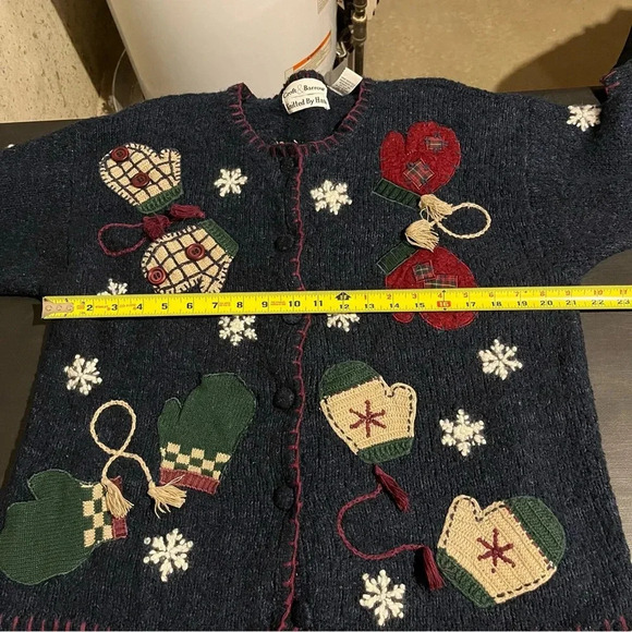 Retro Croft Barrow Hand Knit Christmas Holiday Sweater Cardigan XL Blue Red - Picture 10 of 11
